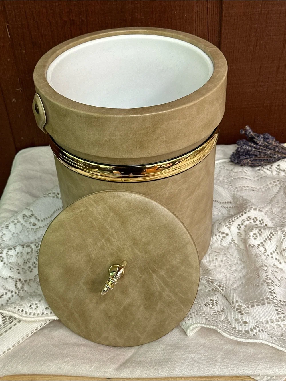 Vintage Shelton Ware Mid Century Ice Bucket Tan Faux Leather Gold Trim